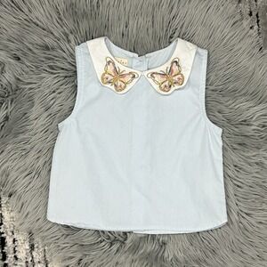 Kinderkind Girls Blue Sleeveless Collared Embroidered Butterfly Top Size 6